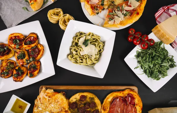 Cheese, pizza, olives, tomatoes, pasta, spinach