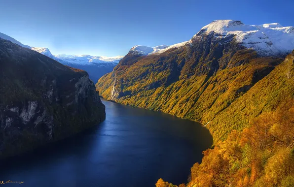 Picture autumn, the sky, snow, mountains, river, slope