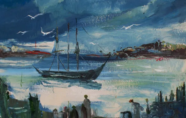 Picture birds, people, boat, The landscape of the Crimea, Victor Stepakov