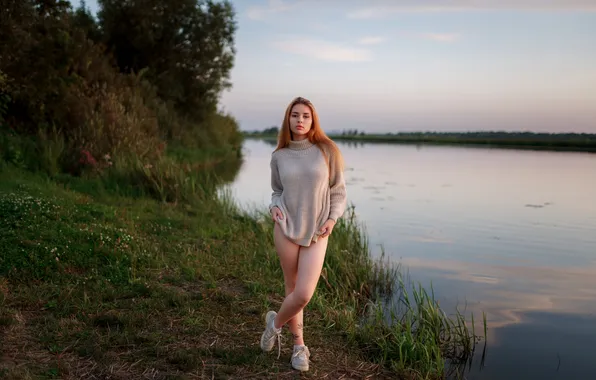Girl, grass, sky, legs, trees, nature, water, clouds