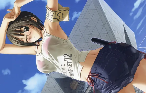 Girl, clouds, the city, skirt, glasses, headband, denim