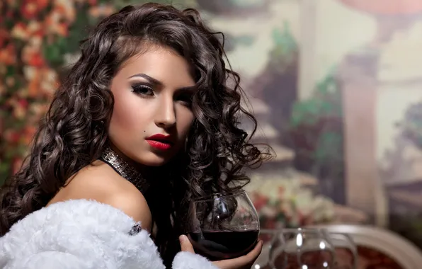 Picture look, girl, wine, red, glass, makeup, brown hair, curls