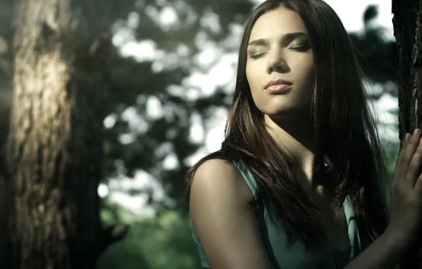 Leaves, girl, trees, background, mood, brunette, widescreen, full screen