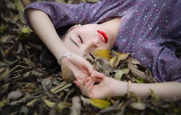 Girl, face, lies, Asian, closed eyes