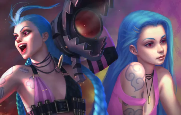 Picture girl, art, blue hair, League of Legends, jinx, Loose Cannon, moba