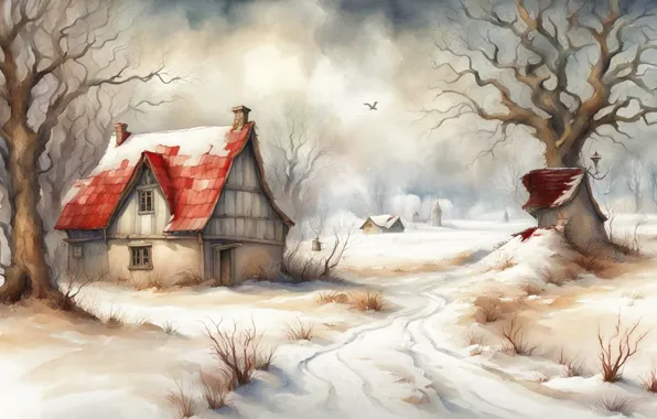 Picture winter, trees, house, painting