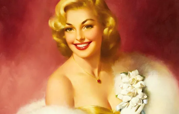 Flowers, smile, hair, lipstick, hairstyle, pendant, gloves, decoration