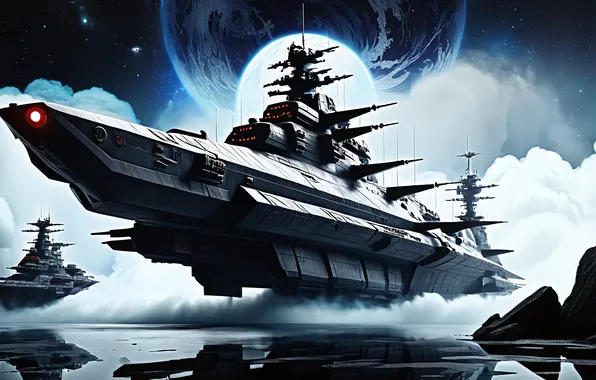 Clouds, night, fiction, the moon, ships, fantasy