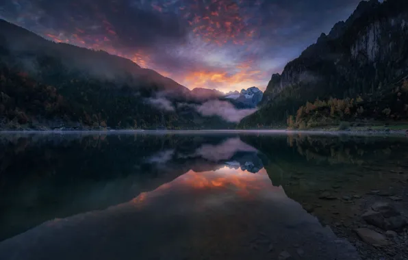 Picture autumn, forest, clouds, light, reflection, mountains, lake, the evening