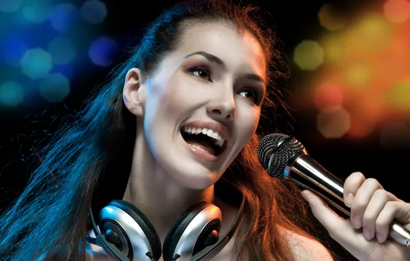 Picture girl, face, music, headphones, microphone, headphones, bokeh, sings