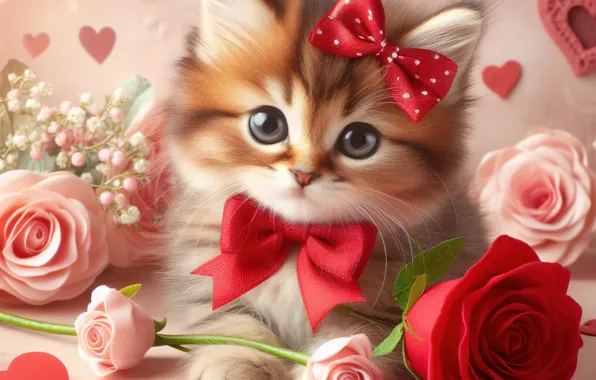 Cat, look, love, flowers, pose, kitty, holiday, roses