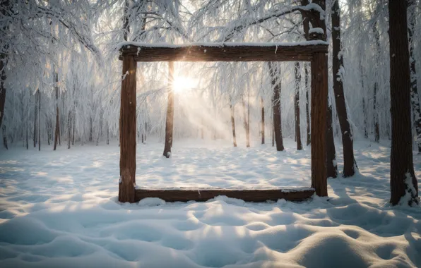 Winter, frost, forest, the sun, rays, light, snow, trees