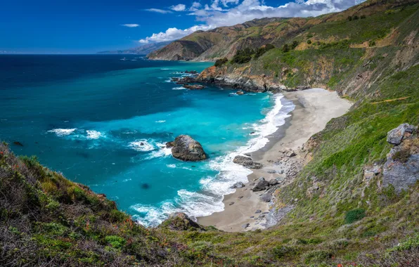 Picture the sun, nature, the ocean, rocks, shore, CA, USA