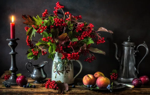Berries, candle, pitcher, still life, peaches, bunches, candle holder, Kalina