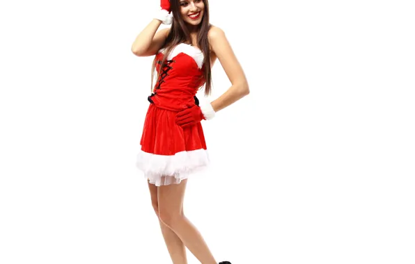 Picture girl, red, smile, new year, dress, maiden, red, dress