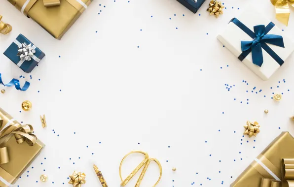 Balls, Christmas, gifts, white background, New year, gold plated, stars, scissors