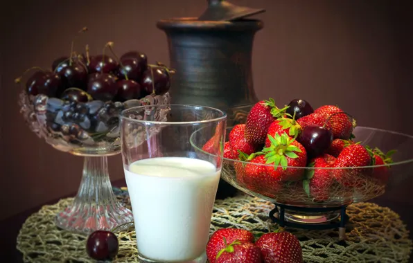 Cherry, glass, table, milk, strawberry, berry, pitcher, still life