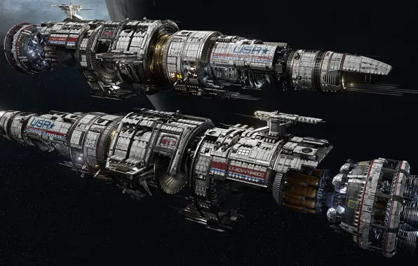 Space, planet, ships, Fractured Space, USR Flagship