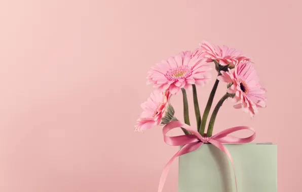 Picture flowers, vase, gerbera, pink background