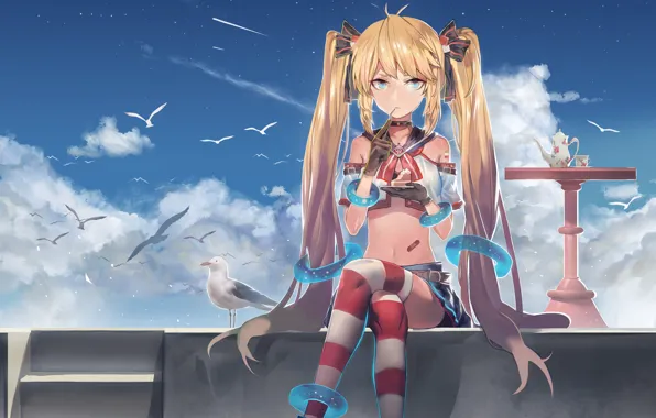 Picture the sky, girl, clouds, seagulls, anime, art, cake, wasd