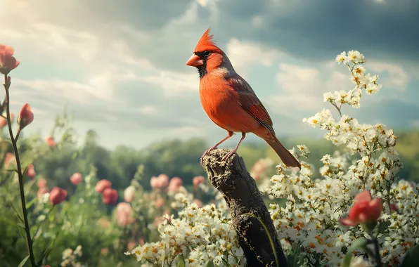 Summer, the sky, clouds, flowers, bird, column, red cardinal, AI art