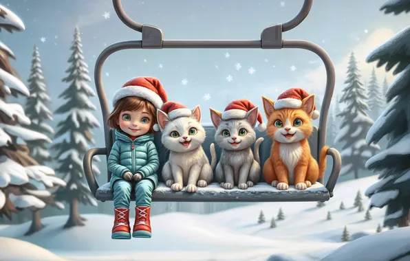 Winter, forest, snow, cats, bench, swing, cats, Christmas