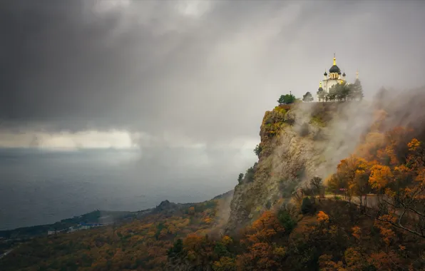 Road, sea, autumn, landscape, nature, fog, temple, Crimea