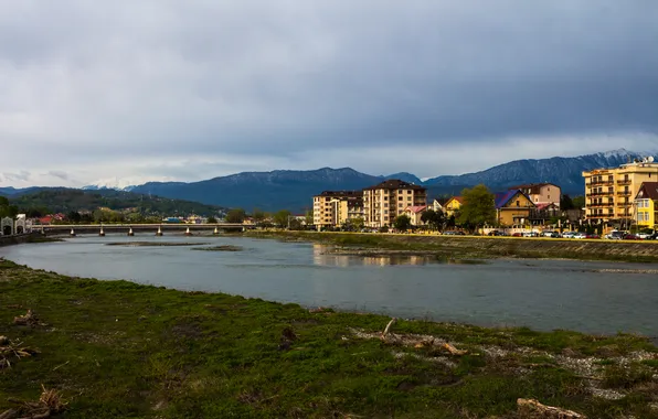 The sky, mountains, clouds, the city, river, building, home, Russia