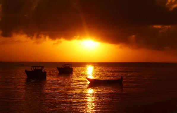 Sea, the sky, clouds, sunset, boat