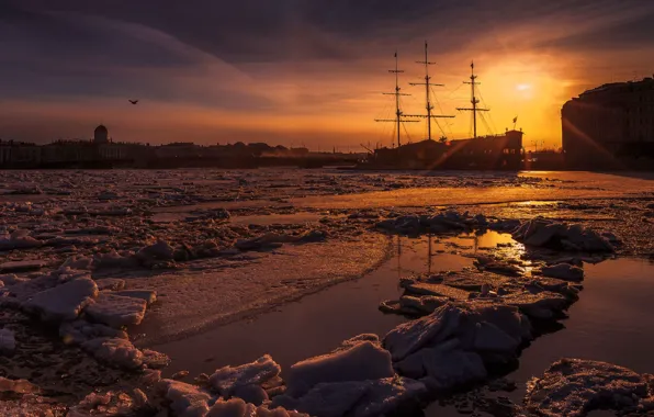 Ice, harbour, sunset in the city, sailing ship