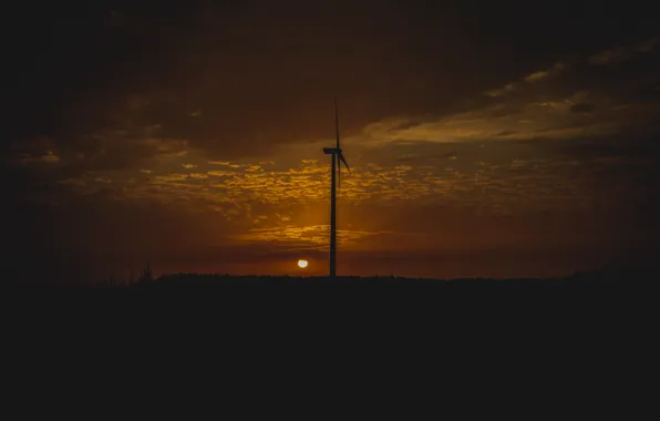 Sunset, orange, windmill, wind energy