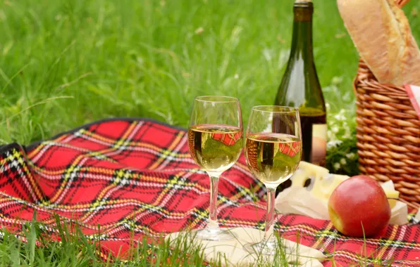 Greens, grass, wine, basket, glade, bottle, Apple, glasses