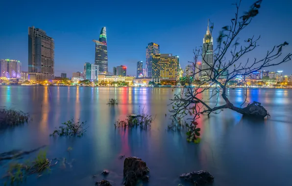 Lights, river, shore, building, home, skyscrapers, the evening, Vietnam