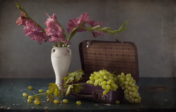 Flowers, grapes, vase, suitcase, gladiolus