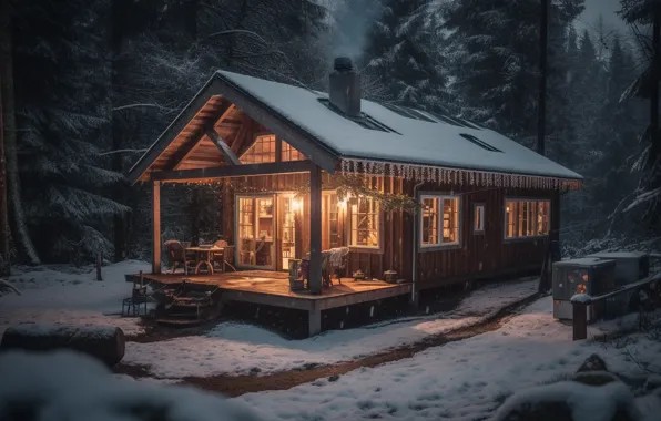 Winter, forest, light, snow, trees, night, nature, comfort