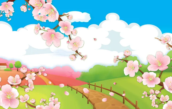 Road, clouds, spring, Sakura, children, cartoons