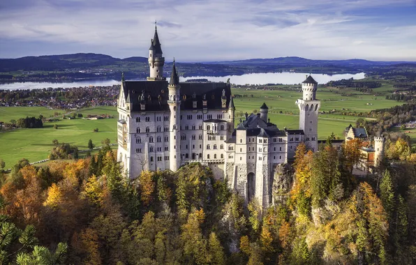 Autumn, the sky, clouds, trees, mountains, lake, castle, Germany