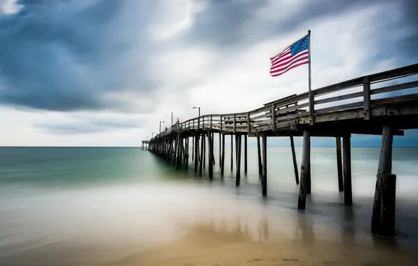 Picture sea, landscape, flag, North Carolina, long exposure, Nags Head Fishing Pier