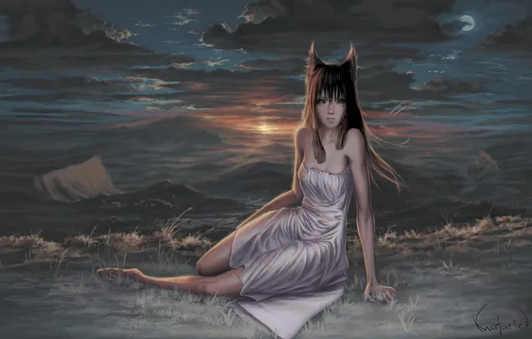 Picture girl, clouds, hills, the moon, dress, art, ears, wolf