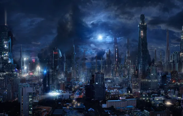 The sky, clouds, night, the city, future, fiction, skyscrapers, megapolis