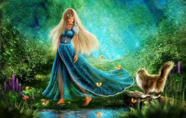 Picture greens, cat, girl, flowers, pond, butterfly, dress