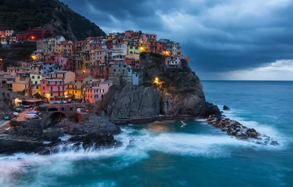 Sea, wave, clouds, clouds, the city, lights, stones, rocks