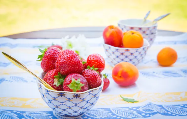 Picture summer, berries, table, strawberry, fruit, tablecloth, apricots, bowl