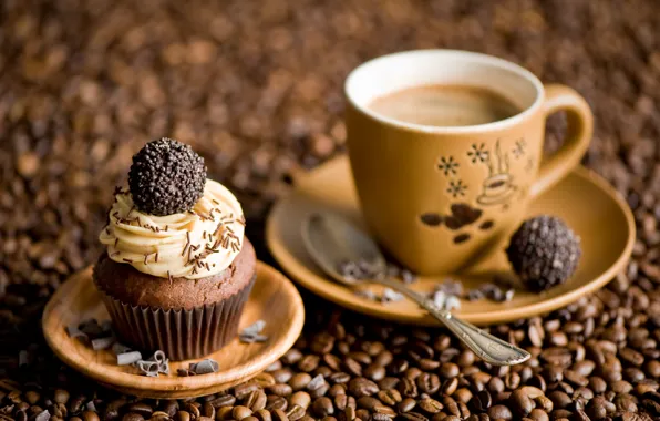 Picture coffee, candy, coffee beans, cupcake