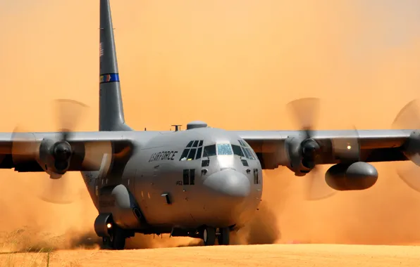 Picture the plane, dust, landing, Lockheed C-130 Hercules
