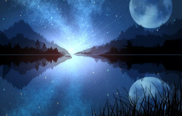Picture night, nature, lake, the moon, the milky way
