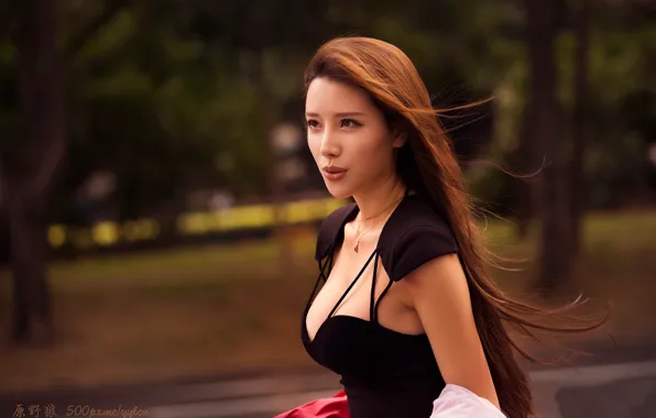 Model, portrait, makeup, dress, hairstyle, brown hair, Asian, in black