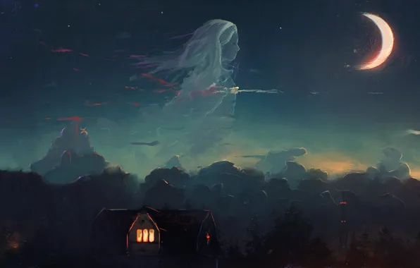 Picture forest, the sky, girl, clouds, night, house, the moon, Crescent
