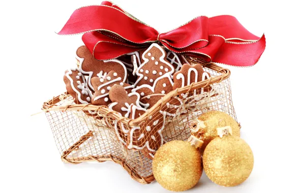 Picture balls, red, holiday, new year, cookies, white background, gold plated, bow