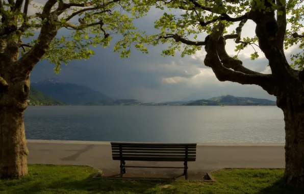 Picture trees, mountains, bench, lake, shop